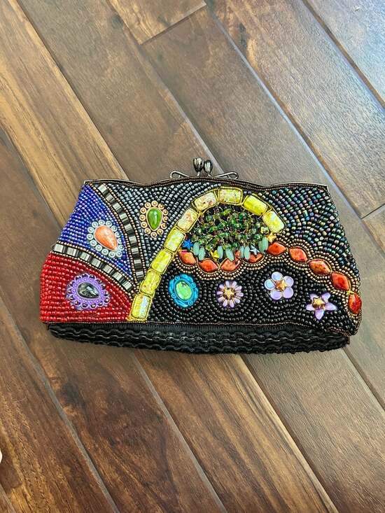 Vintage Handbags - Vintage Beaded Multi-Color Gemstone Embellished Evening Clutch Bag w/Chain Strap